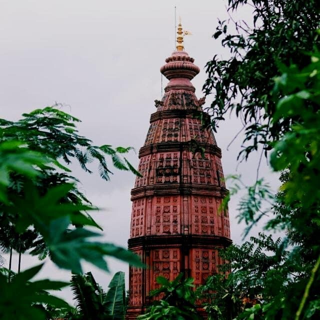 The carved temple tower at Govardhan, framed by leaves