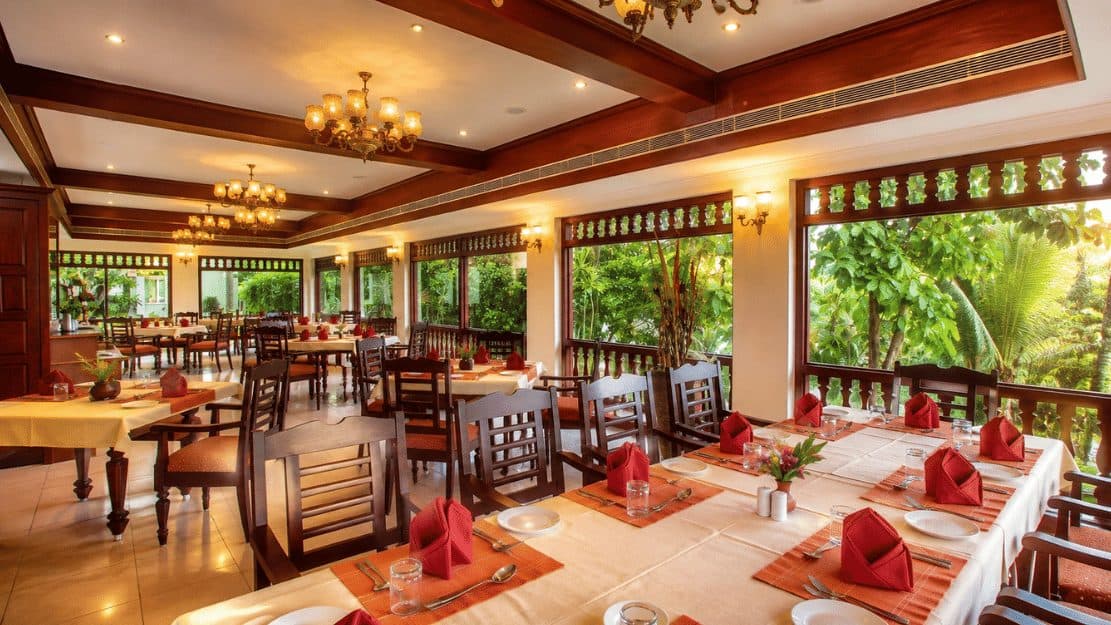 The resort restaurant with windows onto the gardens