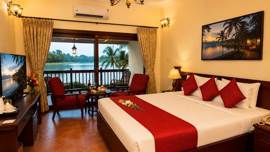 A resort bedroom opening onto a balcony over the lake